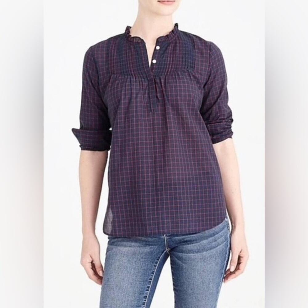 J. Crew Mercantile Pintuck Pleated Ruffle Collar 1/4 Button Cotton Shirt Size 14